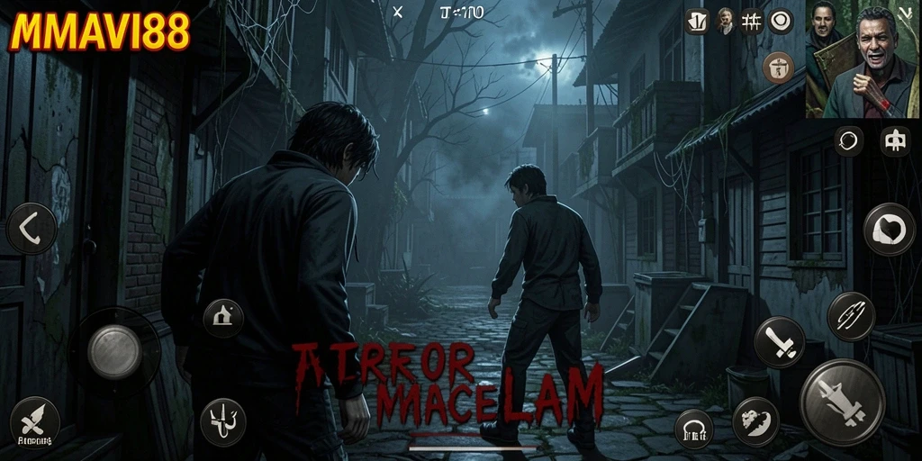 Tampilan gameplay mengerikan di AMAVI88 dengan suasana gelap dan menakutkan.