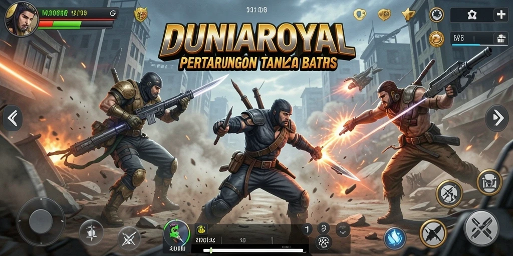 Screenshot utama DUNIAROYAL menampilkan pertarungan intens dan grafik yang memukau.