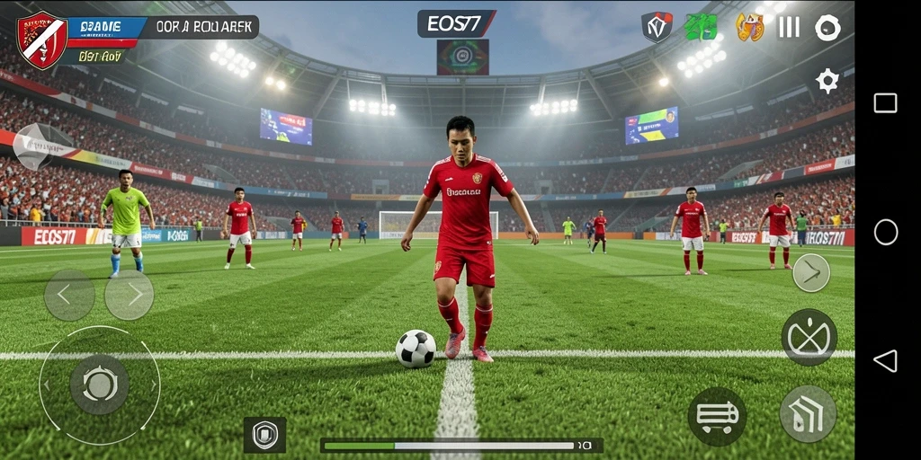 Tampilan gameplay EOS77 yang menegangkan dan seru di lapangan sepak bola.
