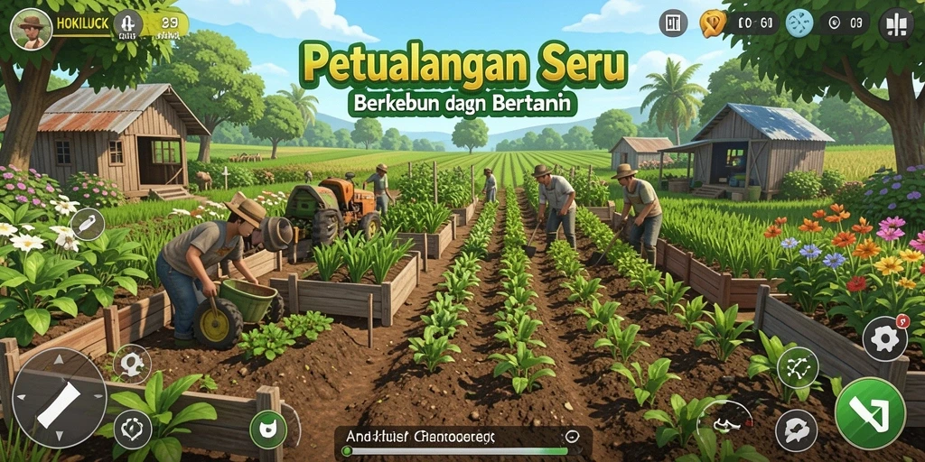 Gameplay HOKILUCK menampilkan kebun yang indah dan aktivitas bertani yang seru.