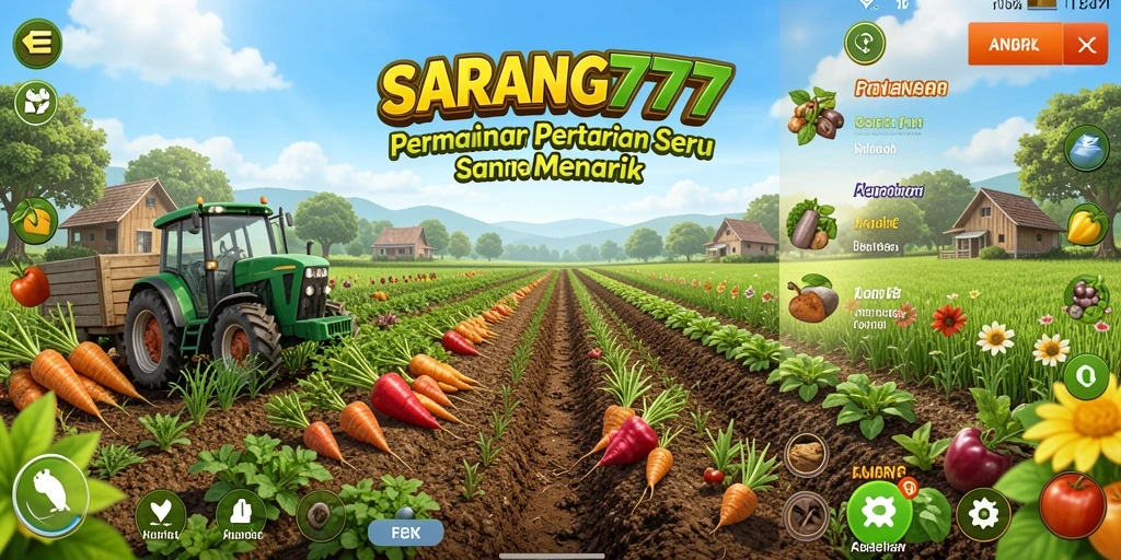 Tangkapan layar SARANG777 menampilkan gameplay pertanian yang penuh warna.