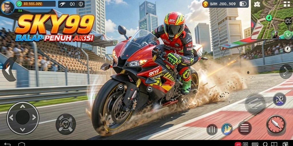 Tampilan gameplay balap motor yang mendebarkan di SKY99.