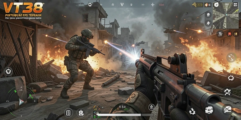 Screenshot utama VT38 menampilkan aksi gameplay FPS yang seru.