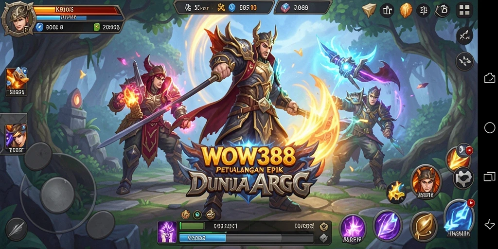 Gambar utama WOW388 menunjukkan karakter bertarung melawan monster epik di dunia fantasi.